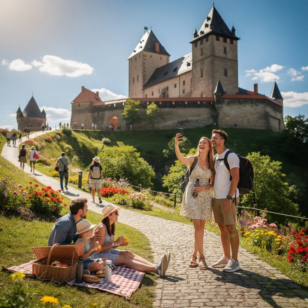 Malebná krajina Českého ráje s podzimními barvami a turistickou stezkou.